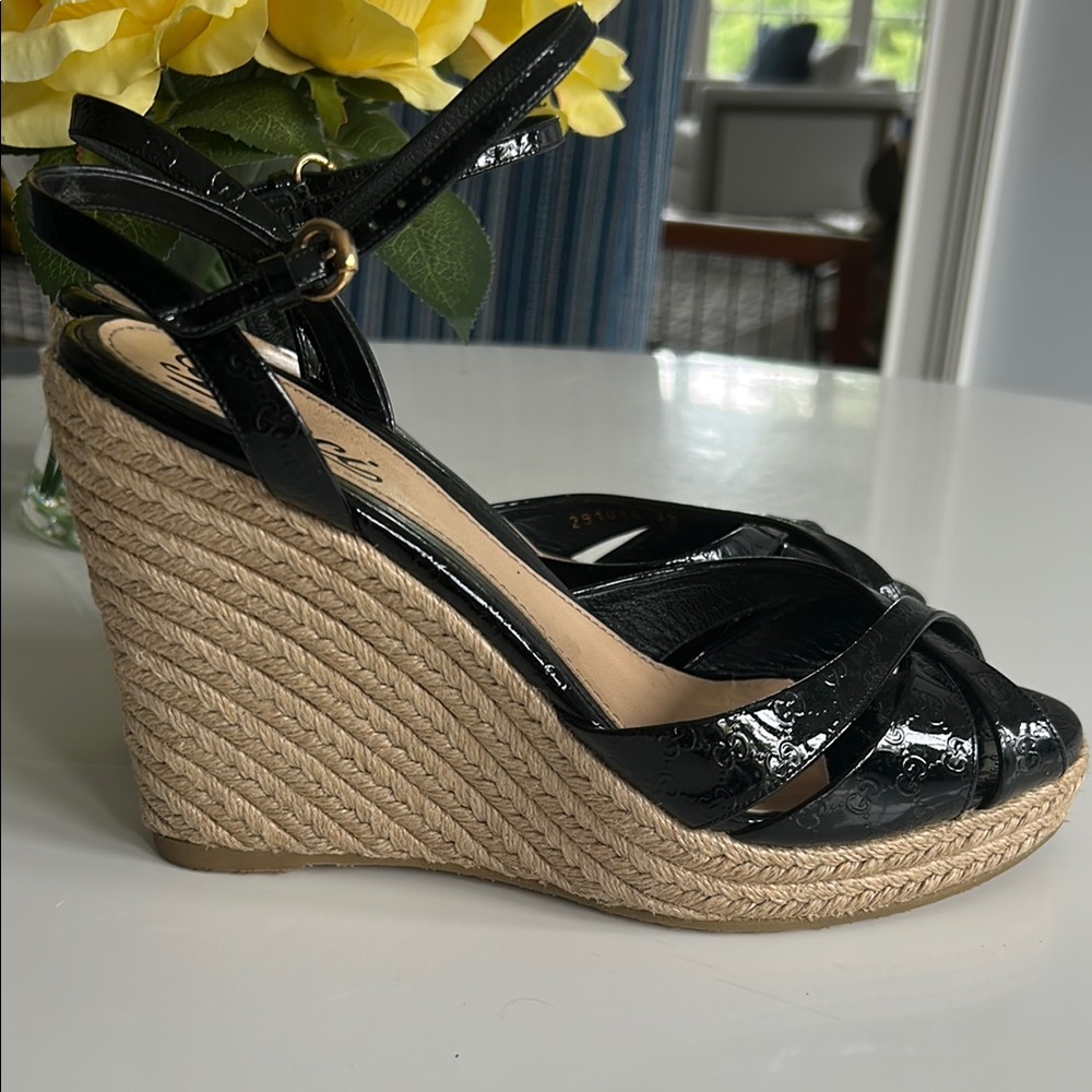 Gucci Black and Tan Wedge Espadrilles